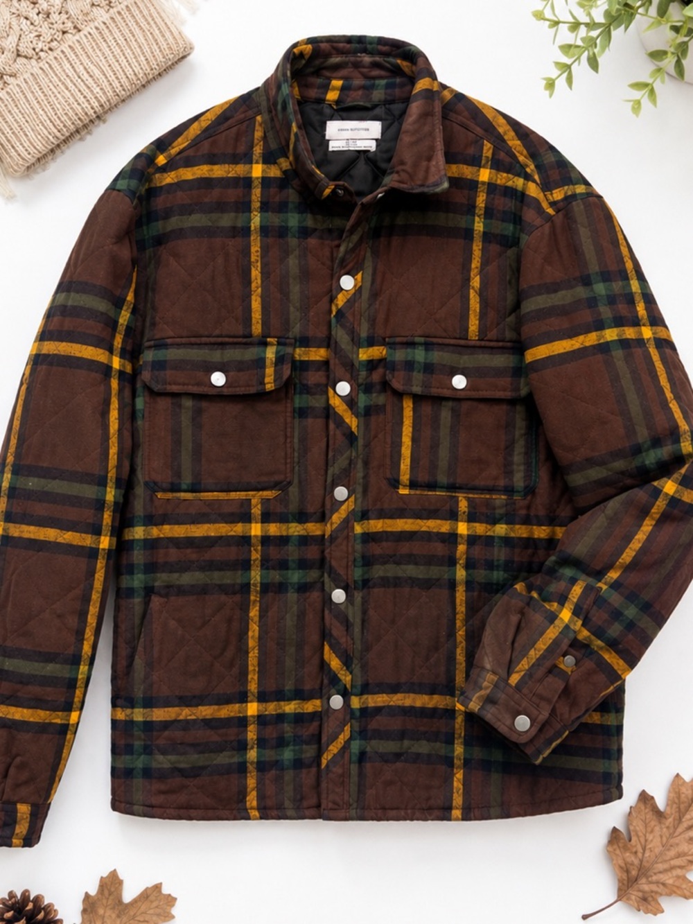 Urban Outfitters Quilted Plaid Jacket Shacket Men’s Medium Brown Green